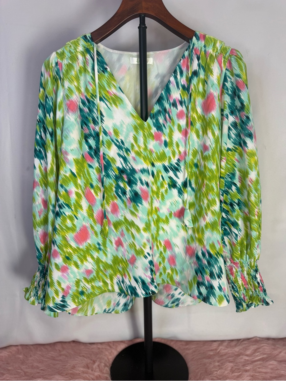 Jade Melody Tam - Vibrant Multi-Color Puff-Sleeve Flowy Blouse - Size S